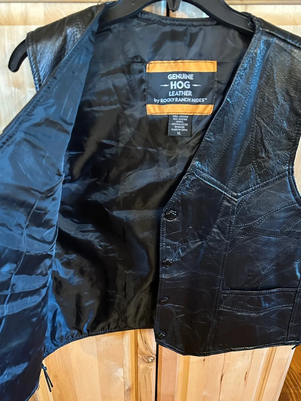 Rocky Ranch Hides Genuine Hog Leather Biker Vest featuring a patchwork design.